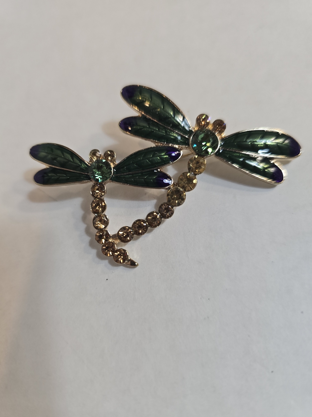 Green Crystal Dragonfly Duo Brooch - Gold Tone Accent